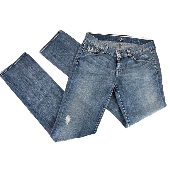 7 for all Mankind Denim Jeans Women's 30 Straight Distressed Med Wash Low USA - Picture 1 of 16